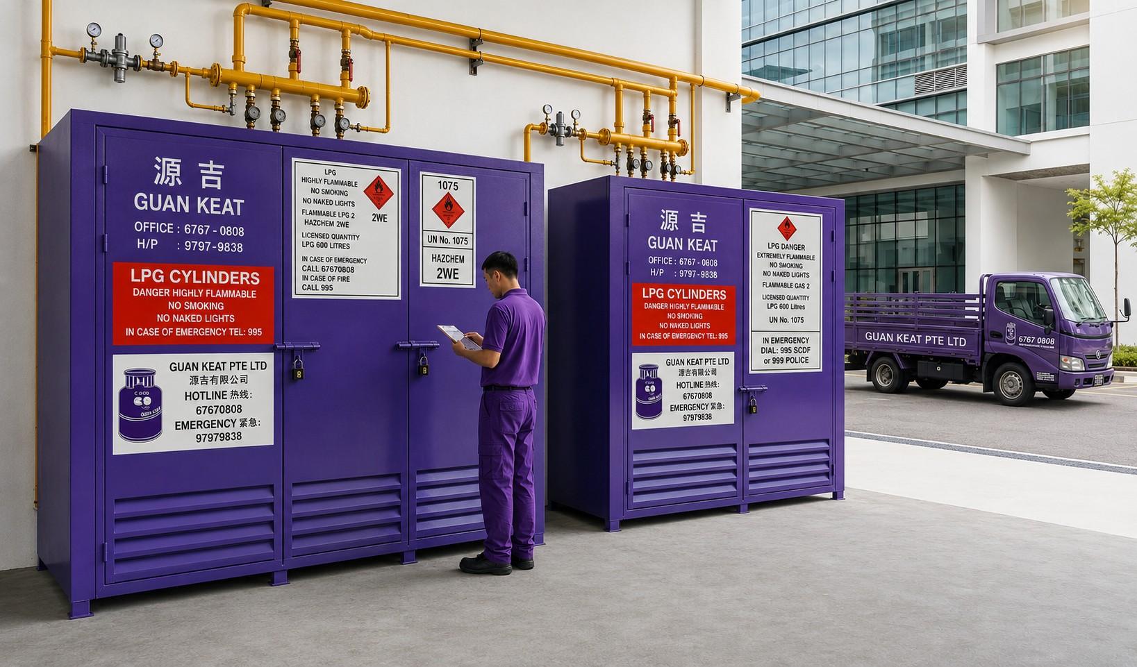 Guan Keat LPG cylinder storage cabinets and delivery truck